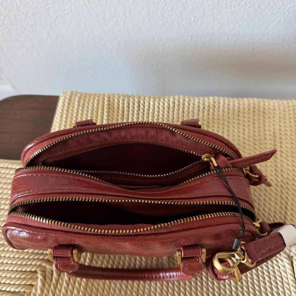 Zara Mini Leather Barrel Bag • Red Brown • Double Zip • Crossbody - Picture 8 of 9